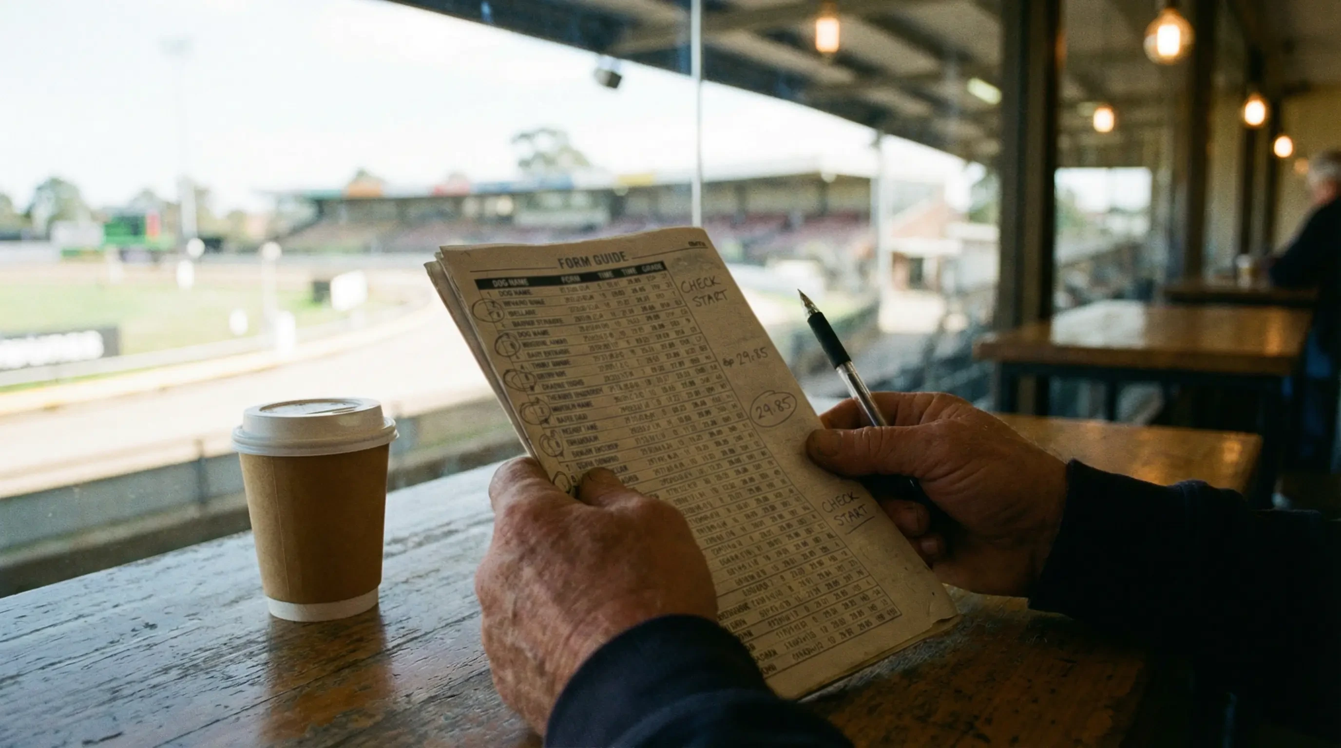 Punter studying a greyhound form guide with pen annotations at a racing track