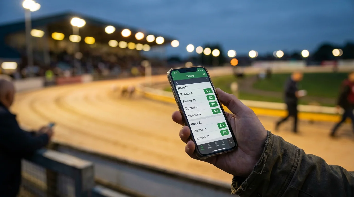 Person using a smartphone to check greyhound racing odds at a UK track