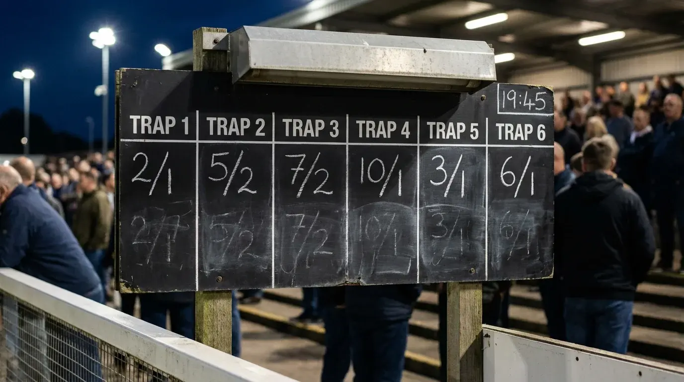 Greyhound racing odds board at a UK track showing prices for a six-dog race