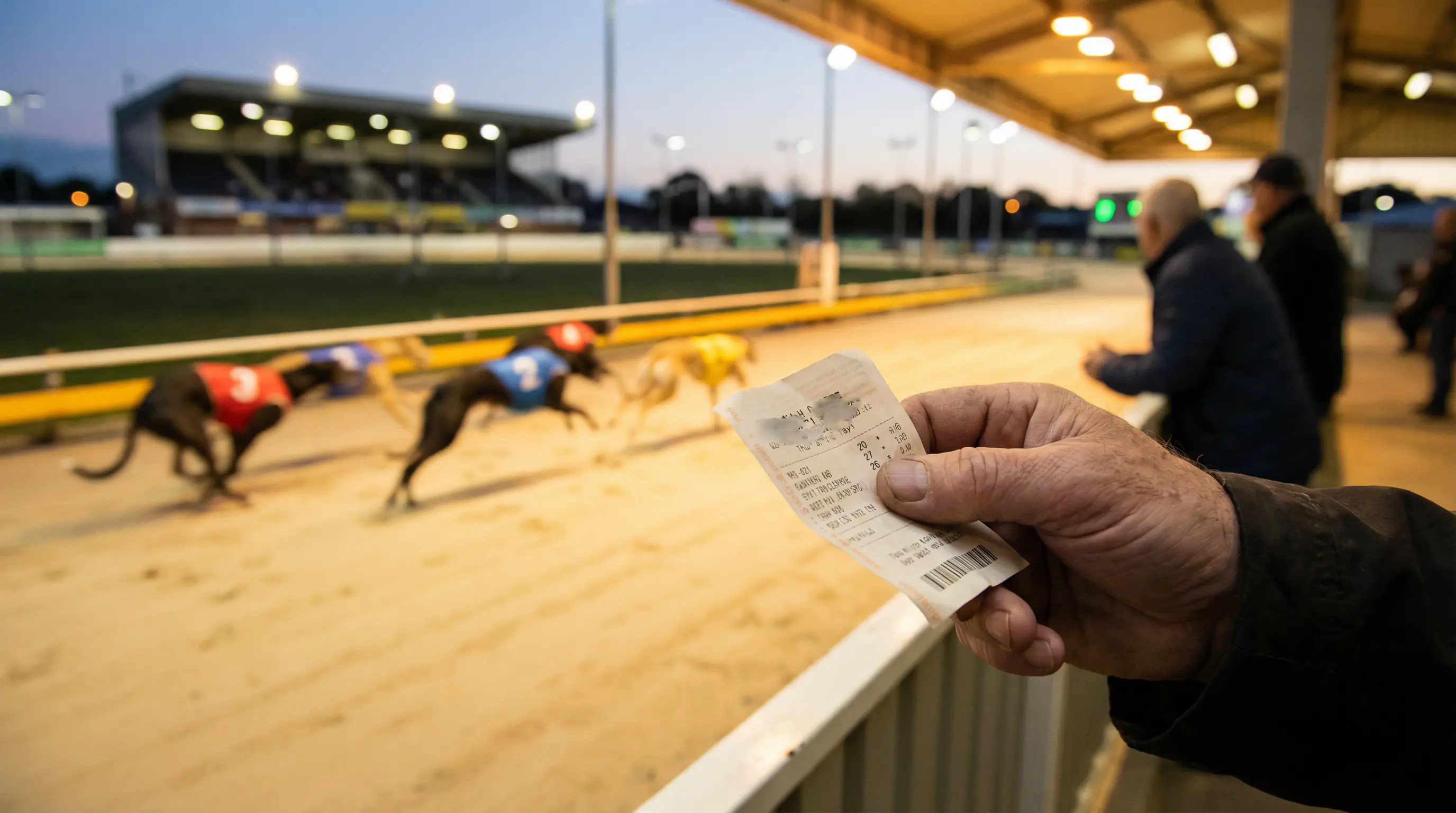 Punter holding a betting slip at a greyhound track with dogs racing in the background