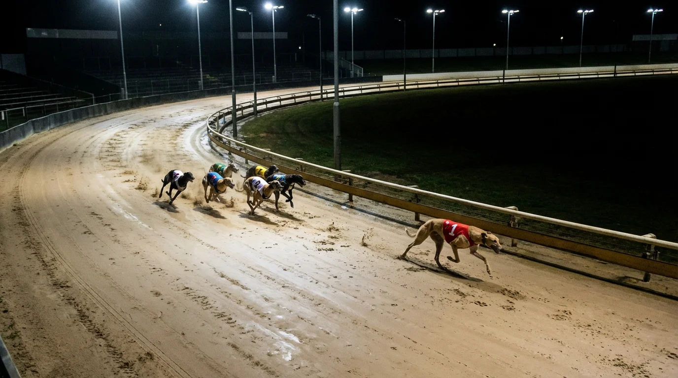 Greyhound leading the pack into the first bend on a tight oval sand track