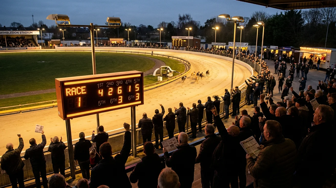 Greyhound racing evening meeting with multiple races listed on a trackside results board
