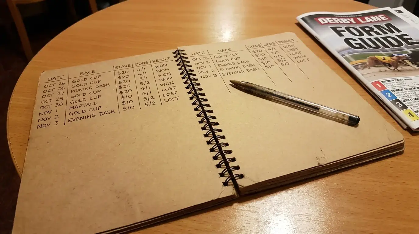 Notebook with handwritten betting records and a pen next to a greyhound racing programme