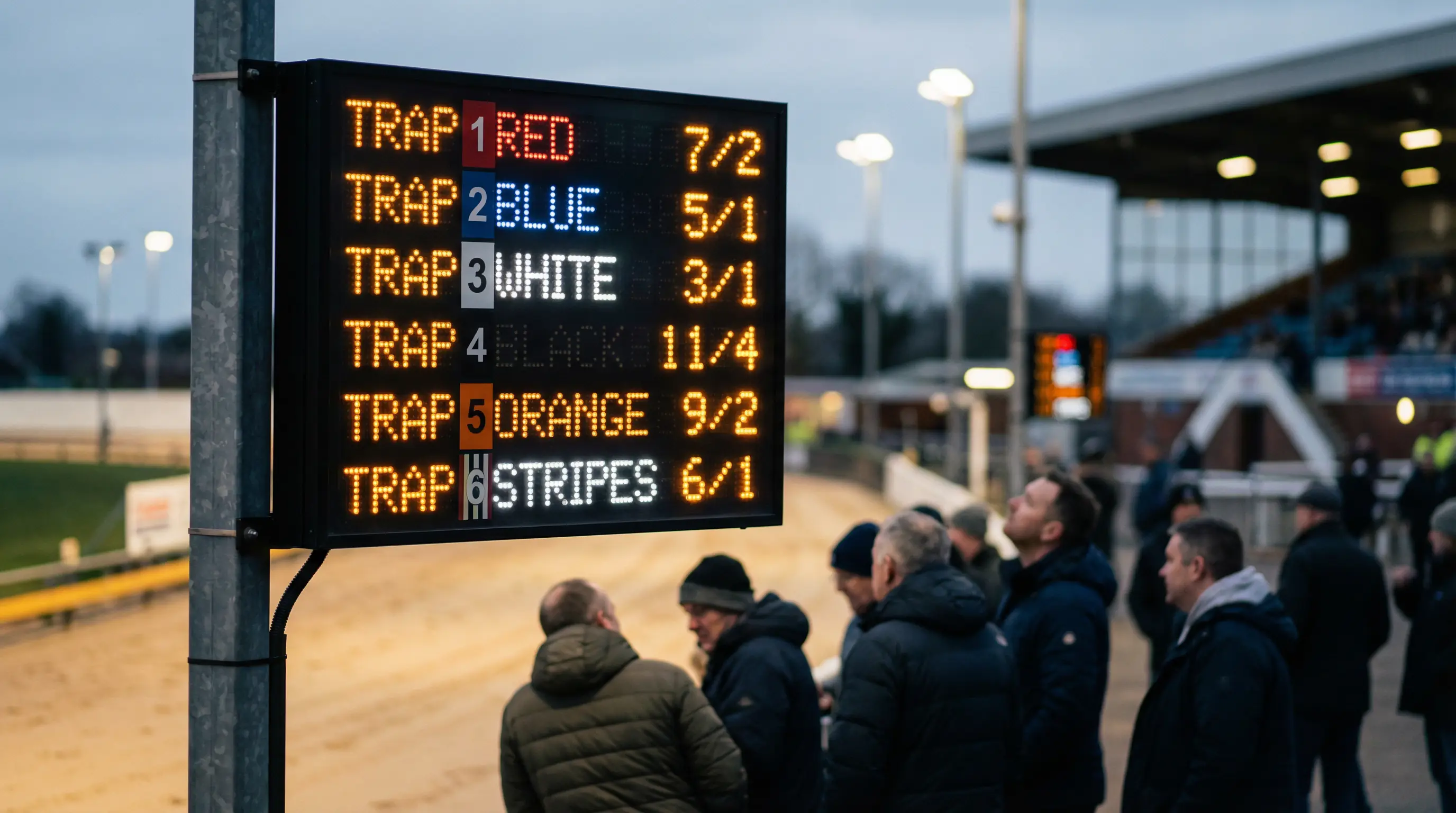 Odds display board at a UK greyhound track showing fractional prices for six runners