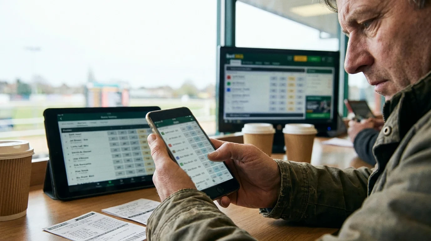 Punter comparing greyhound racing odds on a smartphone with multiple bookmaker prices