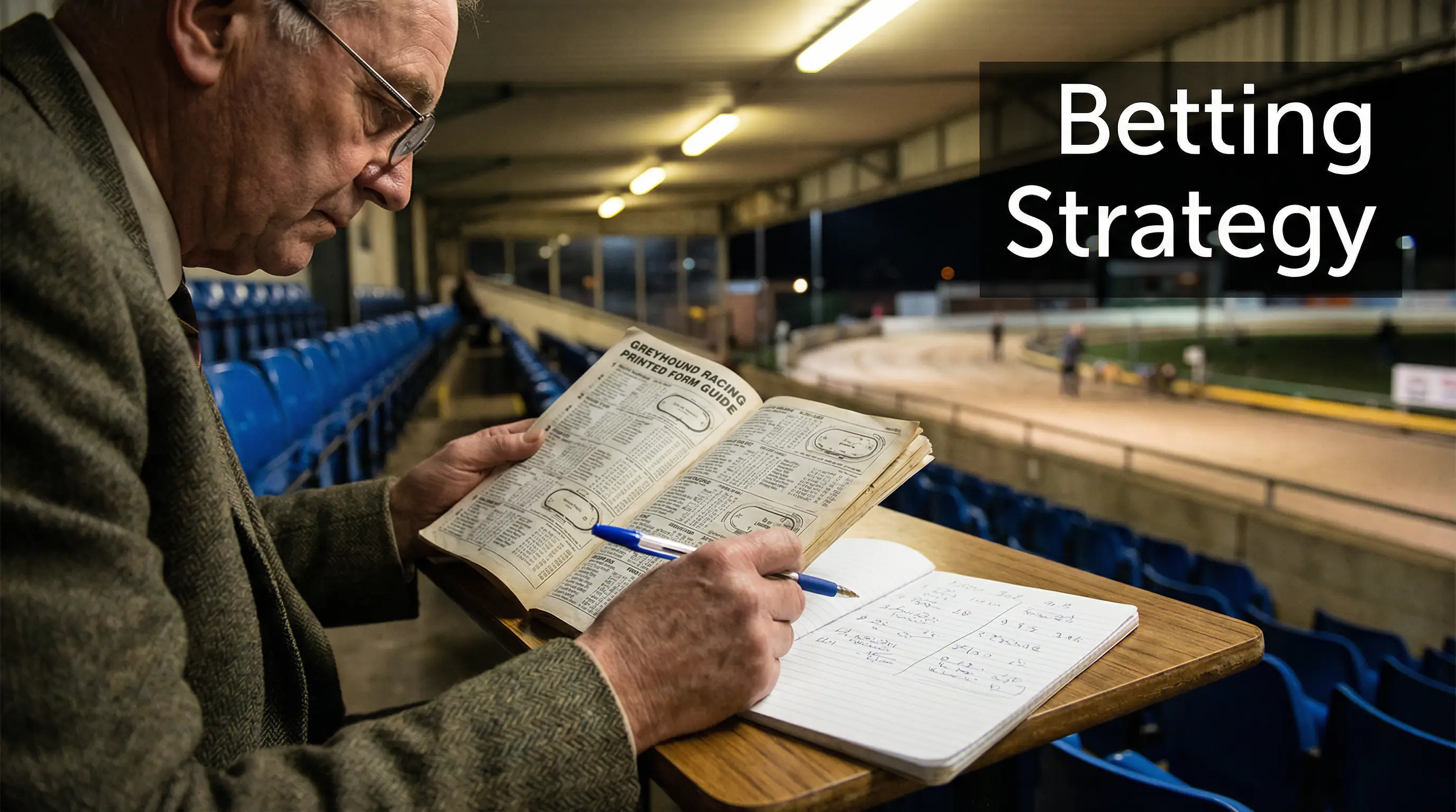 Person studying a greyhound form guide with a pen and notebook at a racing venue
