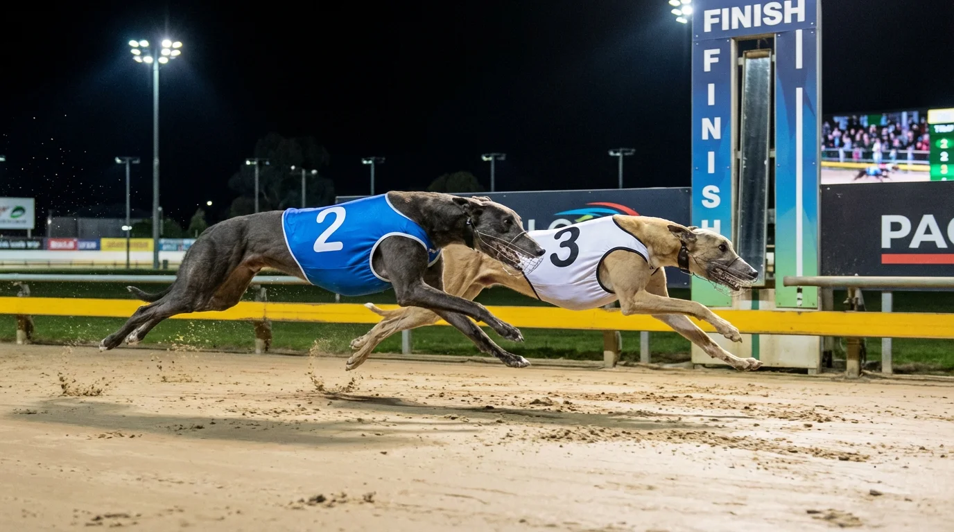 Two greyhounds racing neck and neck approaching the finish line on a sand track