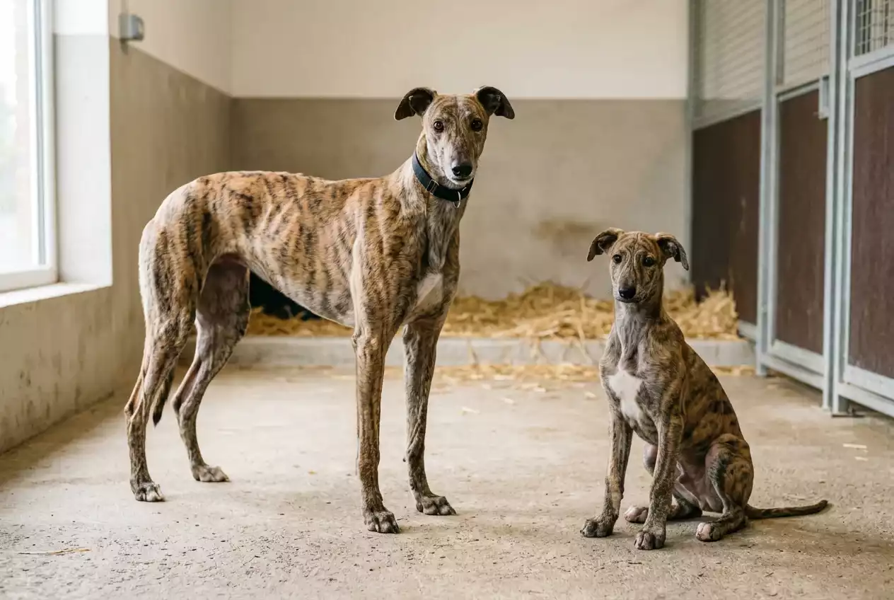 Greyhound puppy and adult racing dog side by side in a professional kennel setting