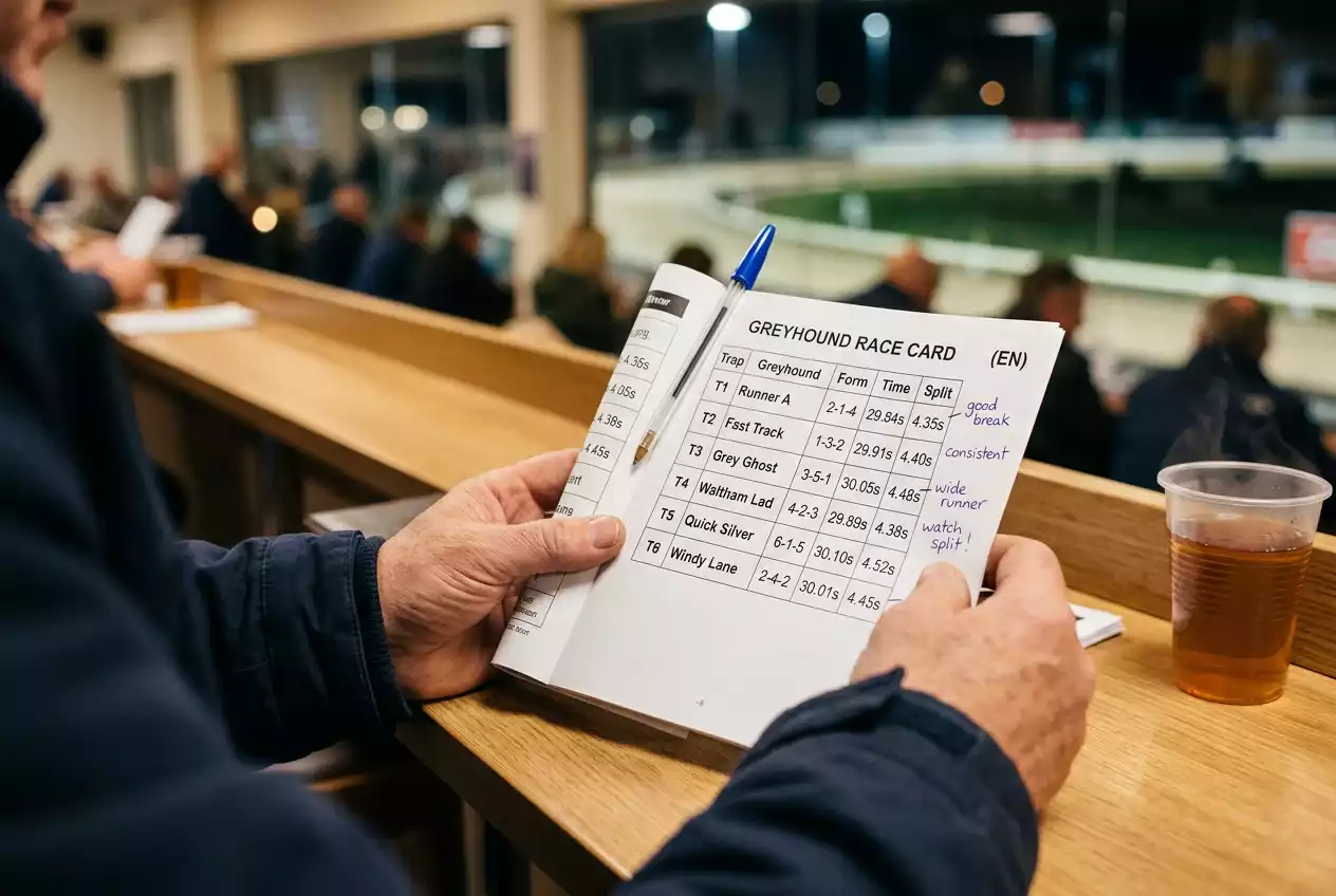 Punter studying a greyhound race card and form guide at a UK dog track