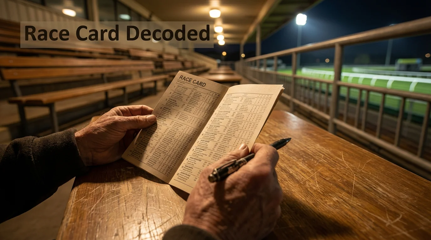 Greyhound race card and form guide on a table at a UK dog racing track