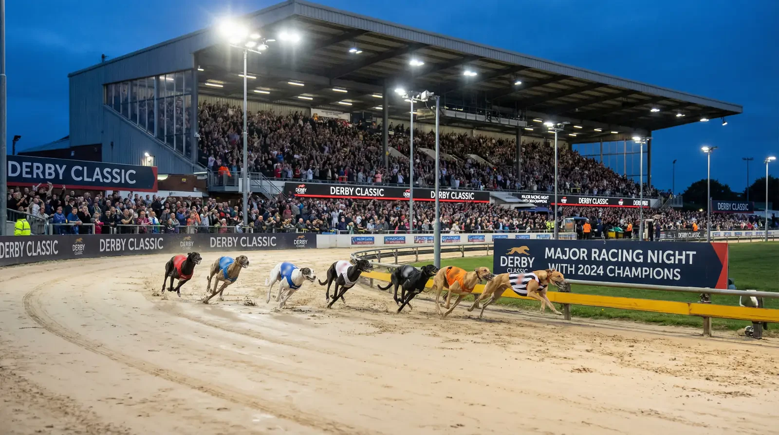 Greyhounds racing in a major UK derby event at a packed greyhound stadium