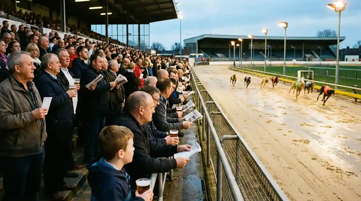 Evening crowd at an Essex greyhound stadium watching dogs race under floodlights