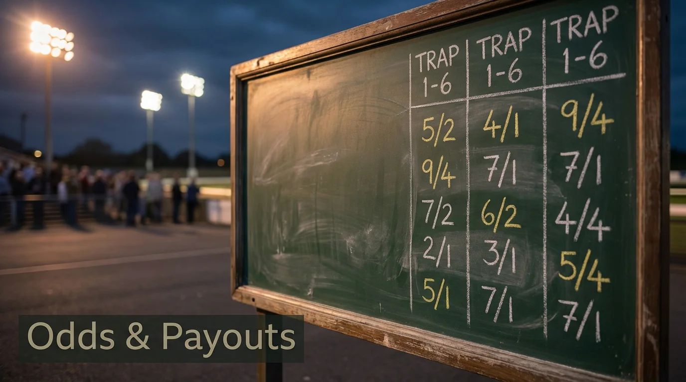 Close-up of a bookmaker odds board at a UK greyhound racing track