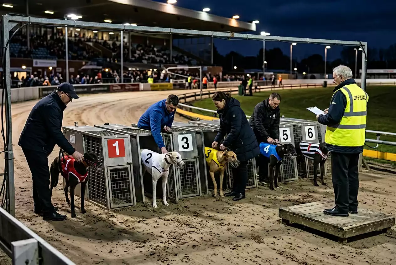 GBGB steward in official uniform observing greyhounds loading into starting traps