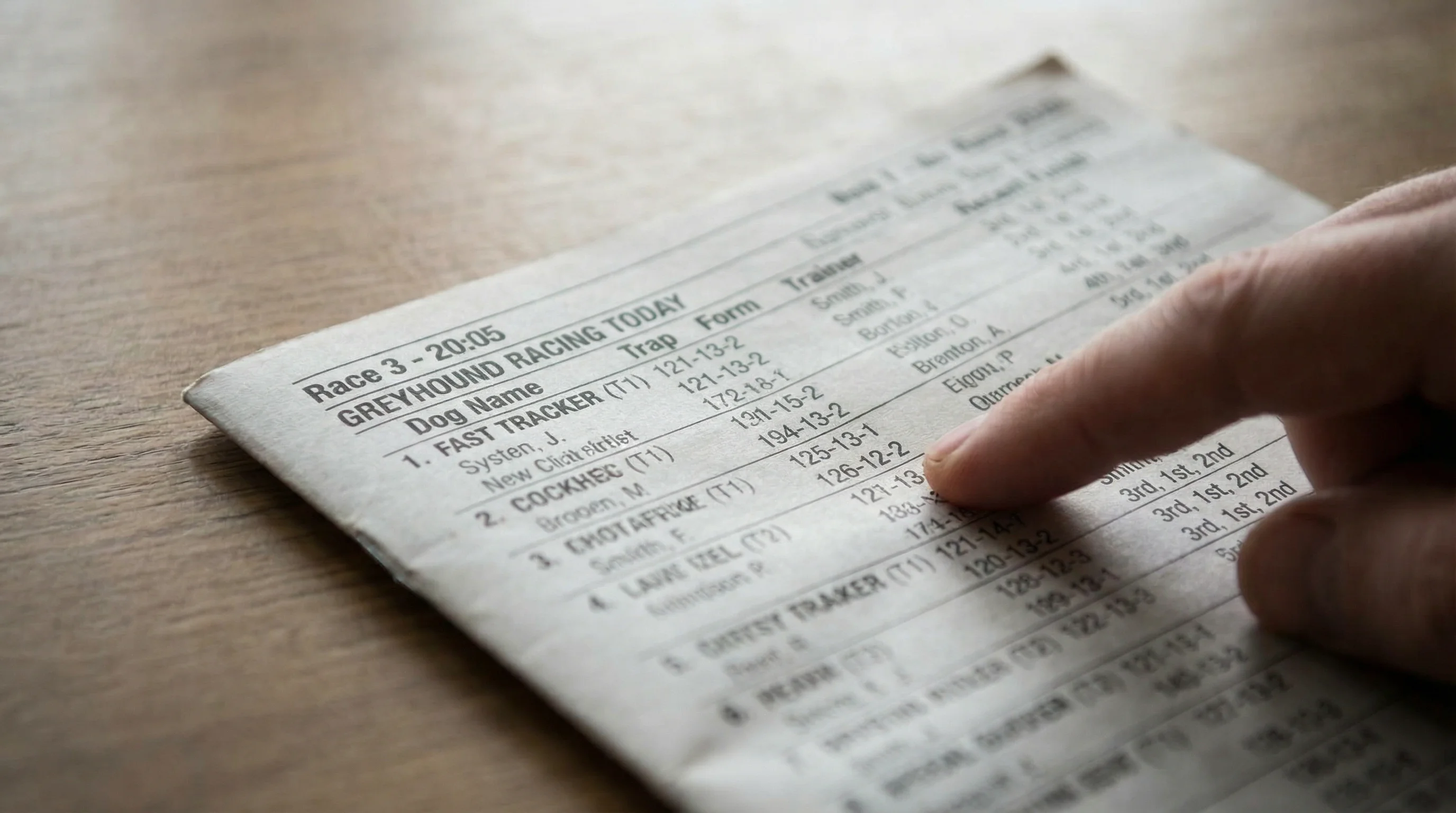 Close-up of a greyhound race card with form lines and racing data visible