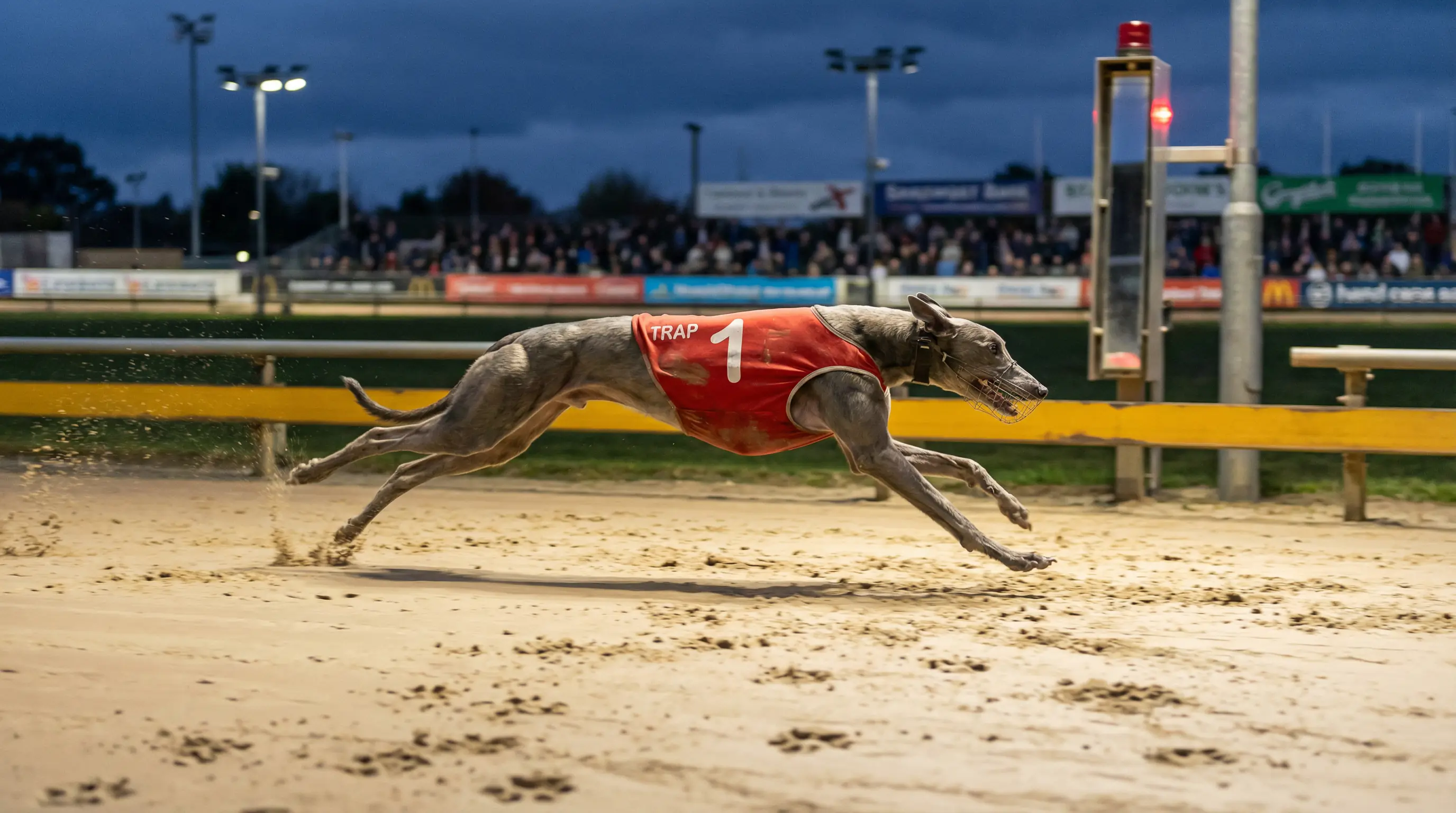 Greyhound at full stride crossing a timing point on a sand racing track