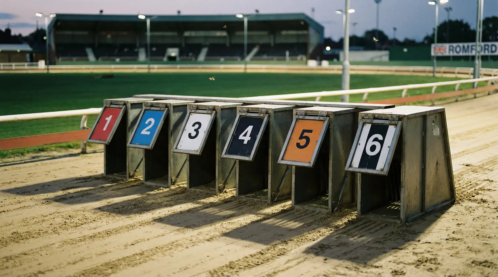 Six greyhound starting traps at a UK racing stadium with coloured trap jackets visible