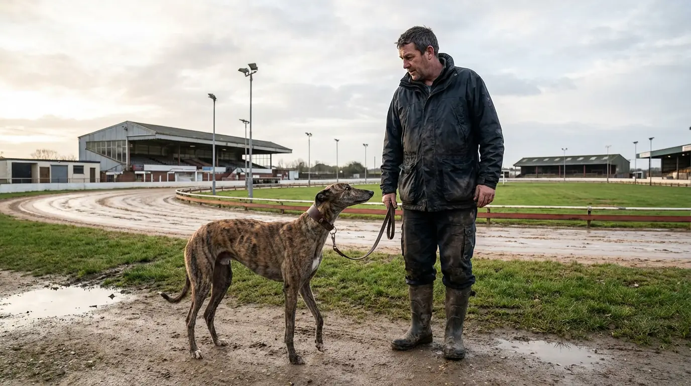 Greyhound trainer walking a racing dog on a lead at a UK greyhound stadium