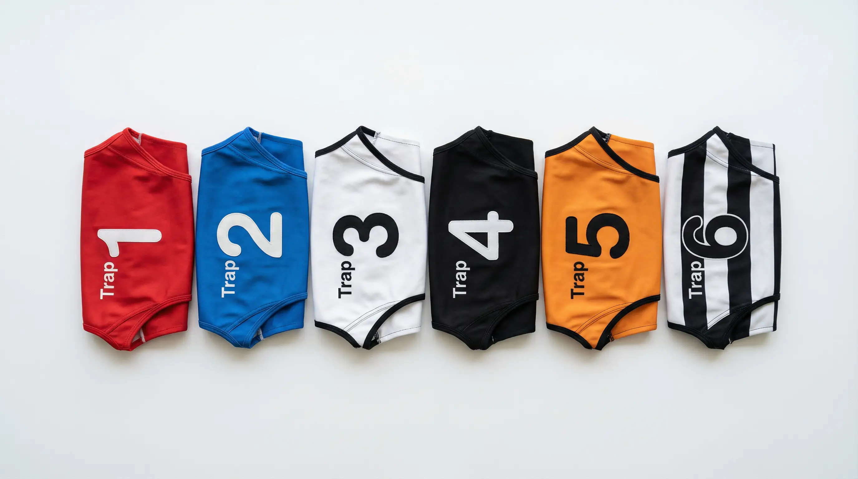 Six greyhound racing trap jackets in red blue white black orange and striped laid out in order