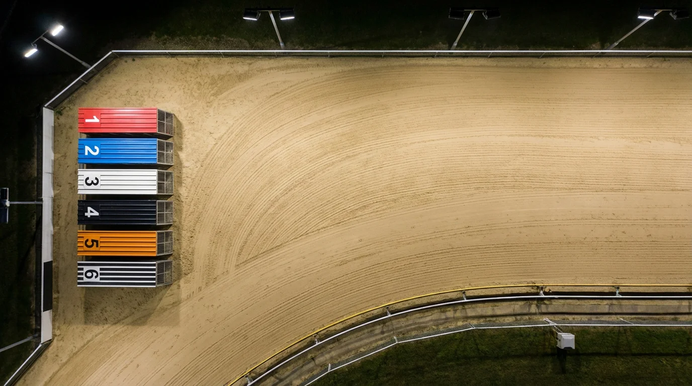 Aerial view of six greyhound starting traps on a sand racing track before a race