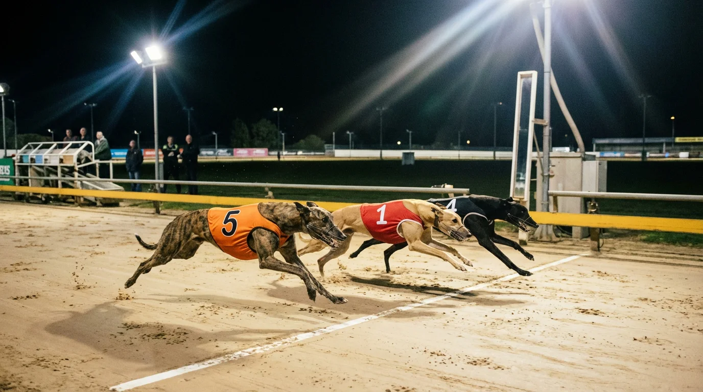 Three greyhounds crossing the finish line in close order on a floodlit greyhound track