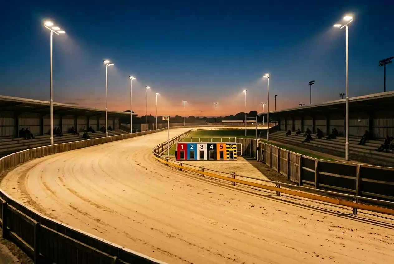 Harlow greyhound stadium track under floodlights during an evening race meeting
