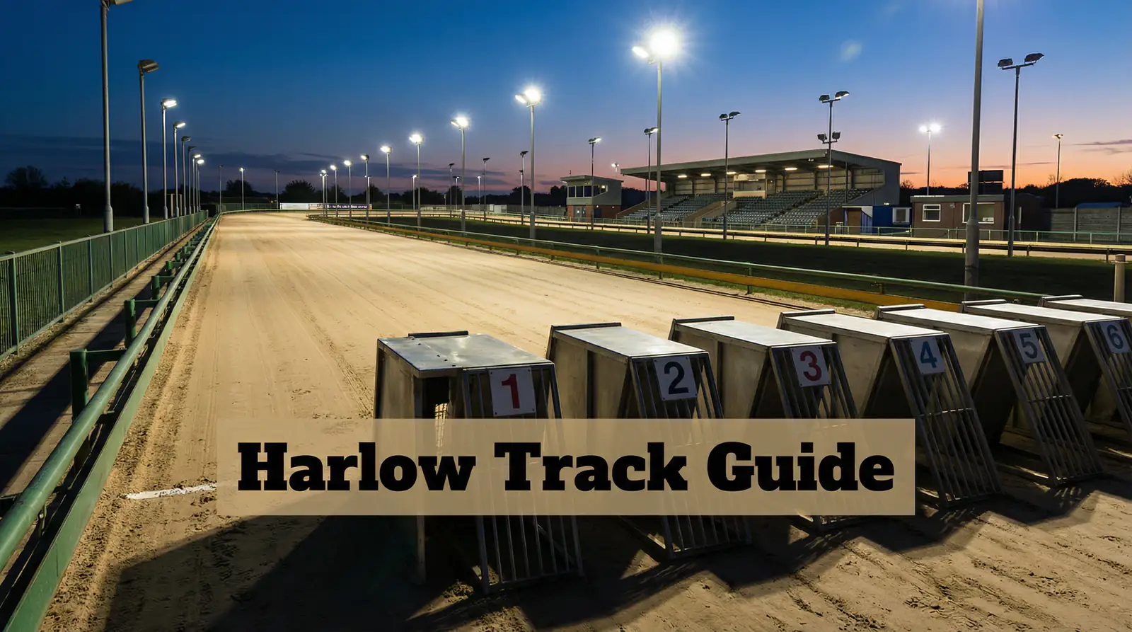 Harlow greyhound stadium sand track with six starting traps under floodlights