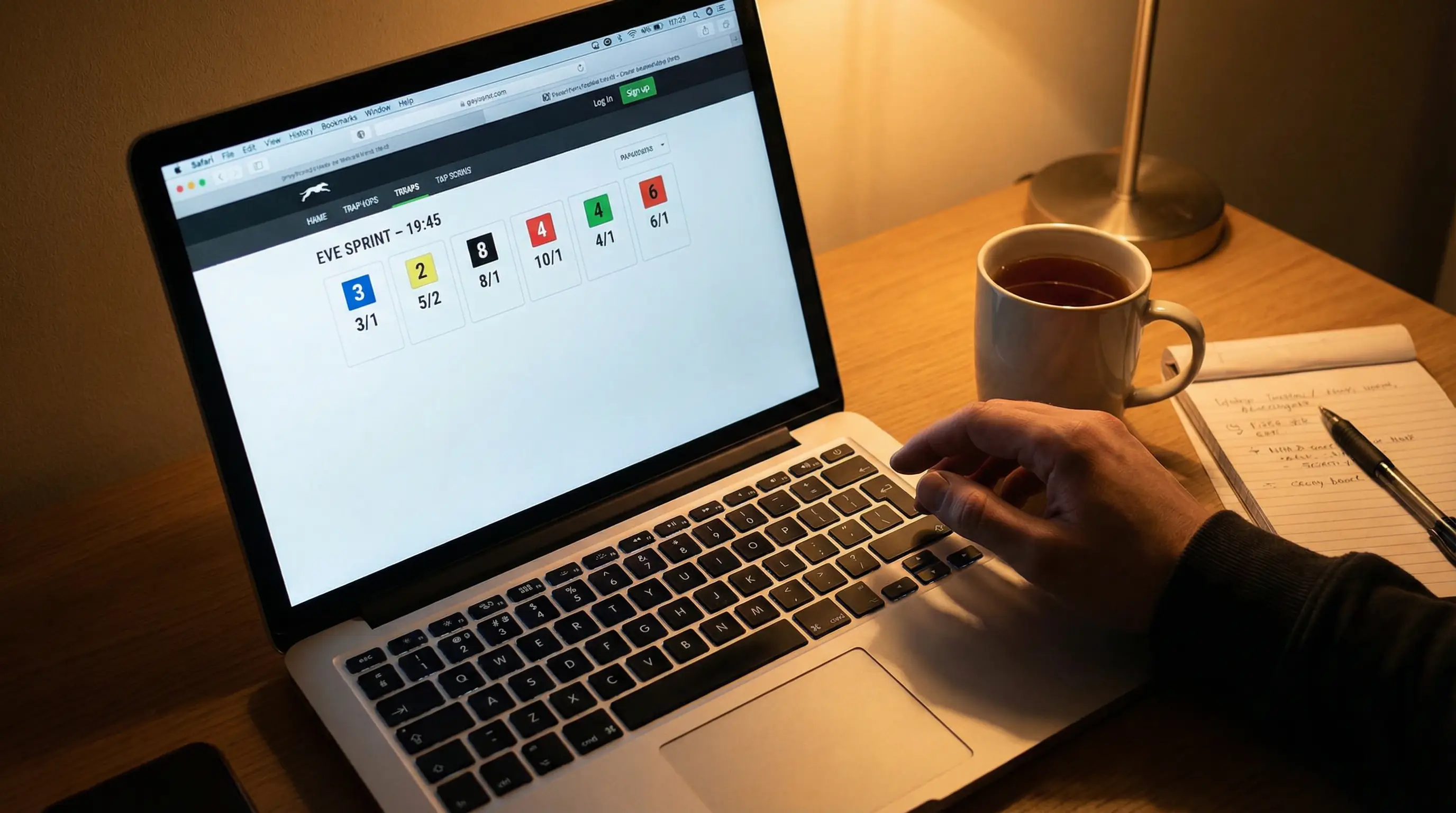 Laptop screen showing a greyhound racing card with a betting slip being placed