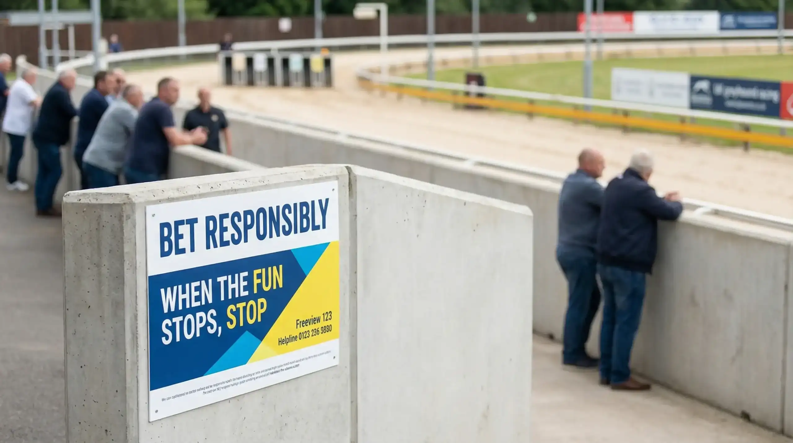 Responsible gambling information sign displayed at a UK greyhound racing stadium