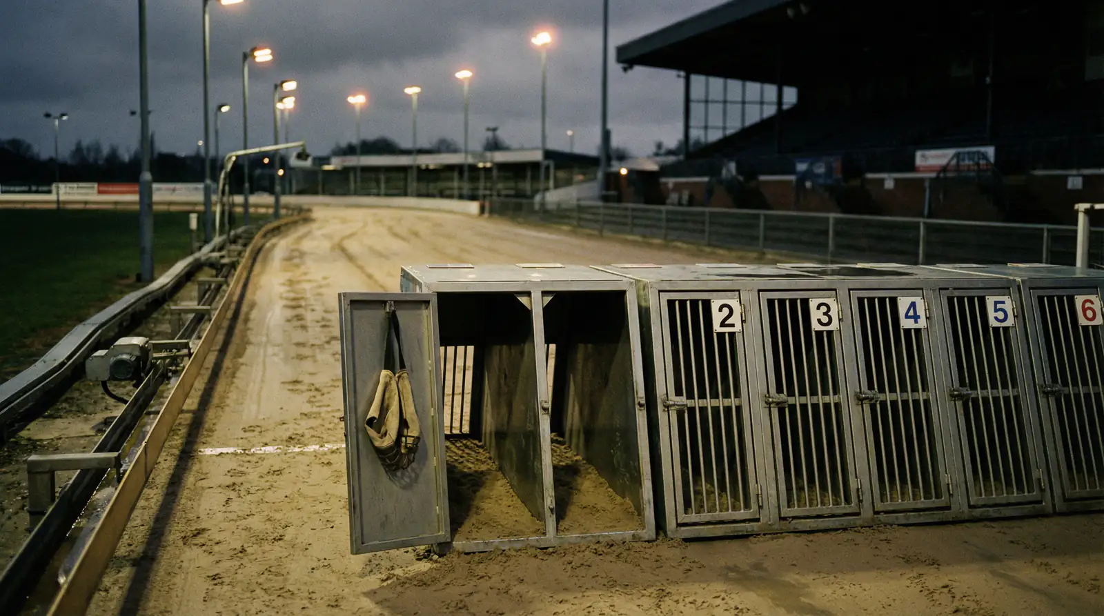 Empty greyhound starting trap with one gate open indicating a withdrawn runner