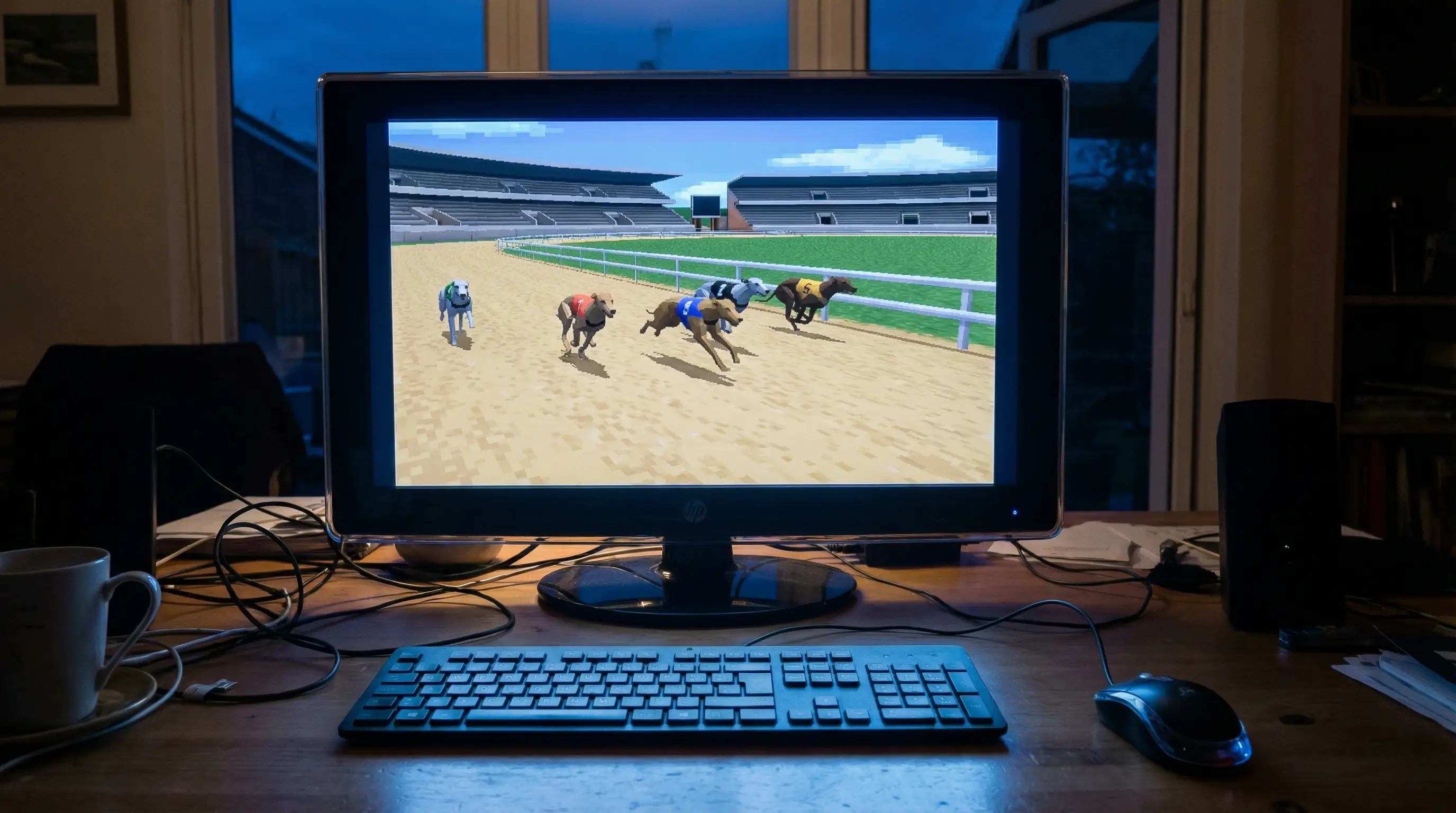 Computer screen showing a virtual greyhound race simulation with animated dogs running