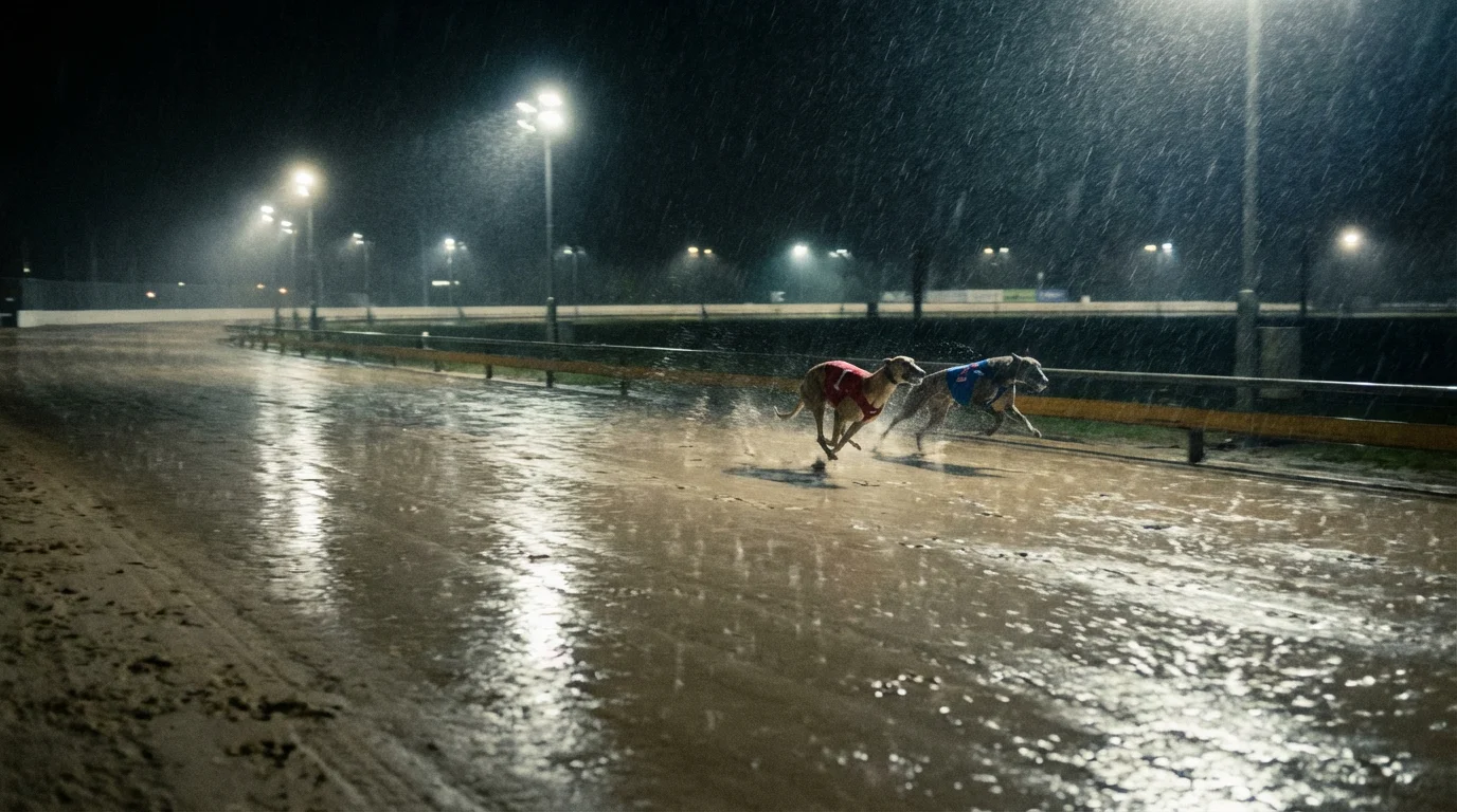 Greyhound racing on a rain-soaked sand track under floodlights with wet surface reflections