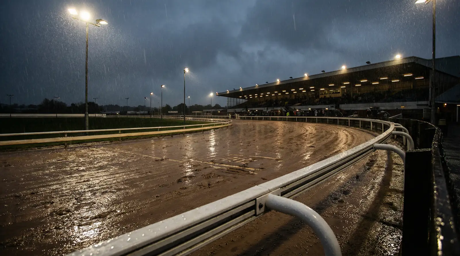 Wet sand surface on a greyhound racing track after rain with visible water on the bends